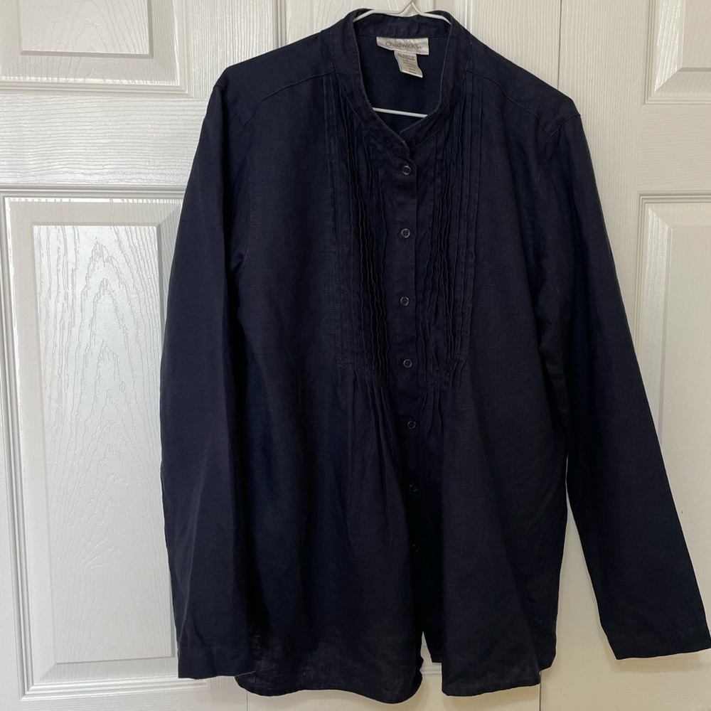Chadwicks Women’s linen button down navy blue blouse size 16